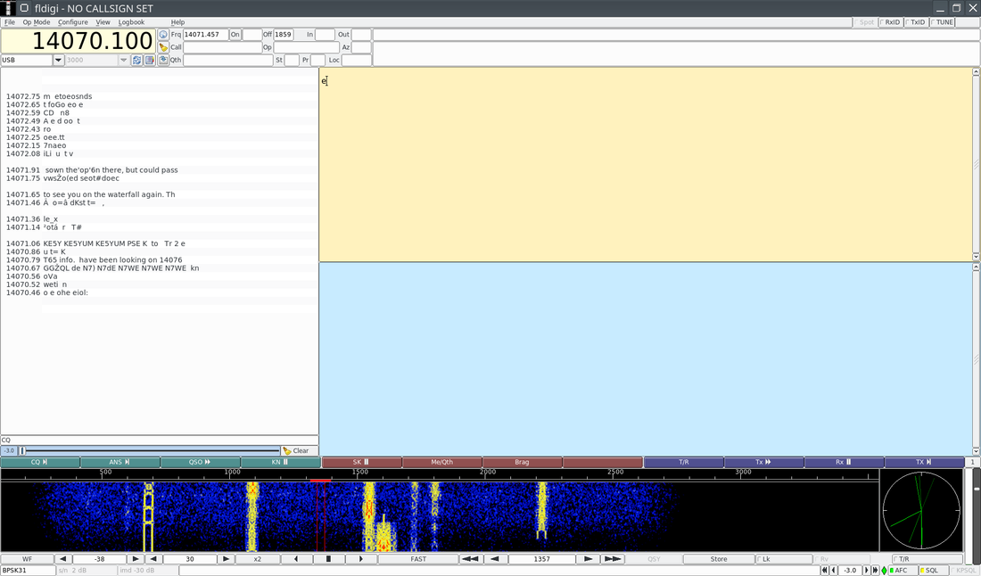 Figure 2 — The fldigi window — a software modem decoding a signal (here PSK31 at 14.070 MHz), with the received text scrolling in the panel and the band's waterfall along the bottom. The whole terminal unit i…
