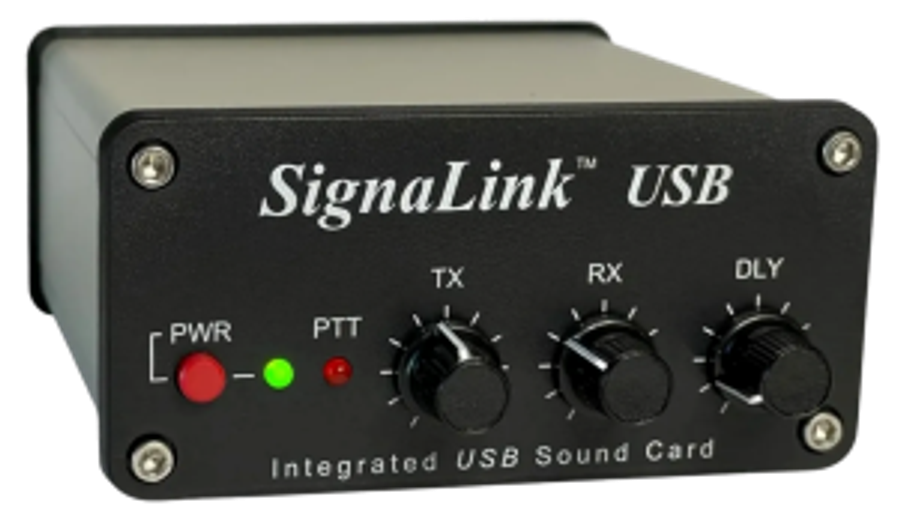 Figure 2 — A SignaLink USB interface — a self-contained USB soundcard with its own codec, PTT relay, and TX/RX/DLY level knobs: the one piece of hardware between a modern radio and the software that decodes i…