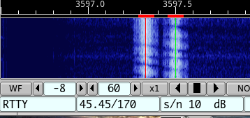 Figure 3 — The same signal in a modern software waterfall — the two bright vertical "rails" are the mark and space tones 170 Hz apart, with the decoder tagged "RTTY 45.45/170." (fldigi documentation, w1hkj.org.)