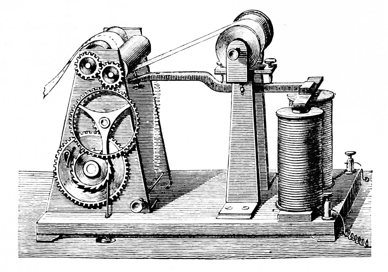Figure 2 — A Morse "register" — the receiving instrument of the original system. A distant current pulls the electromagnet's armature, pressing a stylus against a clockwork-driven paper tape to emboss or ink …