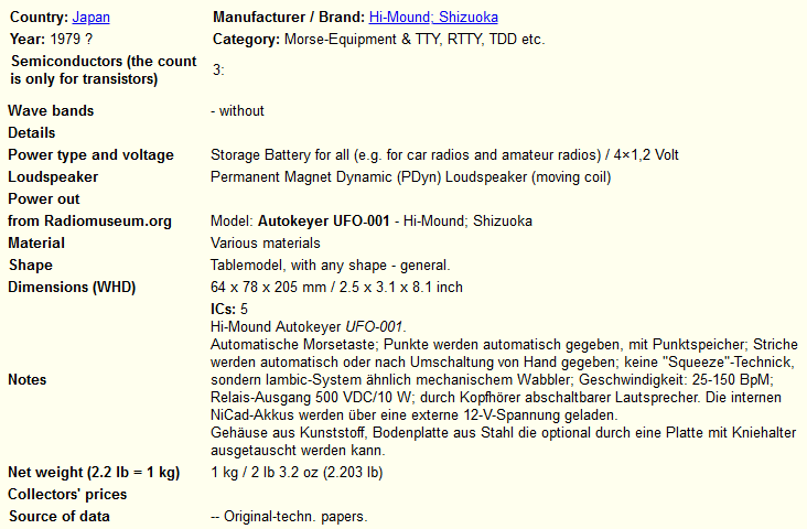 Figure 4 — The radiomuseum.org data sheet for the UFO-001 — the closest thing this keyer has to a factory spec. (Source: radiomuseum.org.)